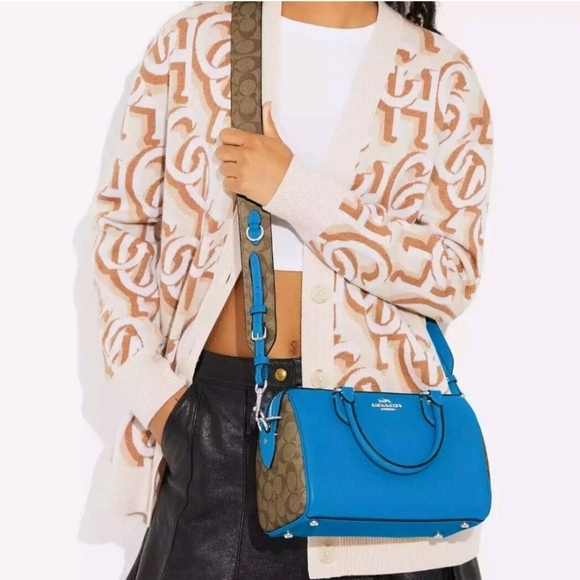 🔹️Coach 🔹️Leather & Signature Canvas Rowan Satchel (Khaki/Racer Blue) - Picture 4 of 6